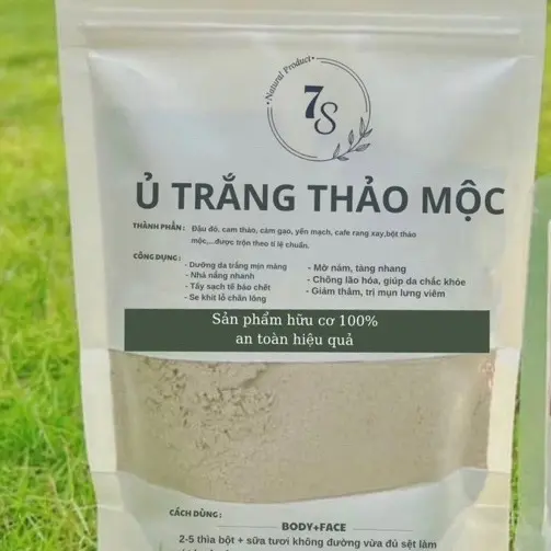 Ủ trắng thảo mộc   , làm từ thiên nhiên , yến mạch , các loại thảo mộc …, dùng hỗ trợ tẩy tế bào chết trên da , hỗ trợ trắng da , tuần sử dụng 2-3 lần , mát xa trên da tầm 5-10 phút rồi tắm sạch với nước