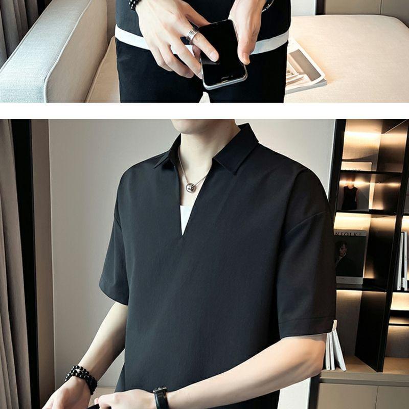Product Introduction of 2025 Fake Two-Piece V-neck T-shirt Men's Ins Fashion Brand Short Sleeve Polo Shirt Ice Silk Half Sleeve 2023 New Summer Matching Suit 18