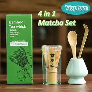 Vixplorn 4 in 1 Set Alat Pembuat Matcha/Matcha Maker Tools Starter Kit Matcha Whisk Bamboo Brush Matcha Bowl Bamboo Whisk Chasen Brush Chashaku