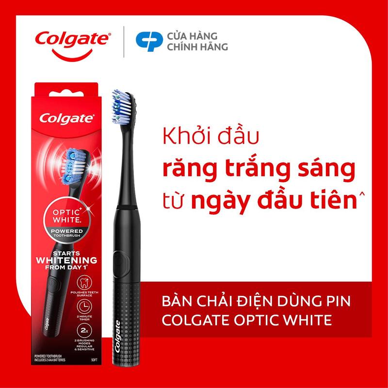 Bàn chải điện dùng pin Colgate Optic White giúp làm trắng răng với đầu chải cải tiến và trụ đánh bóng làm sạch mảng bám