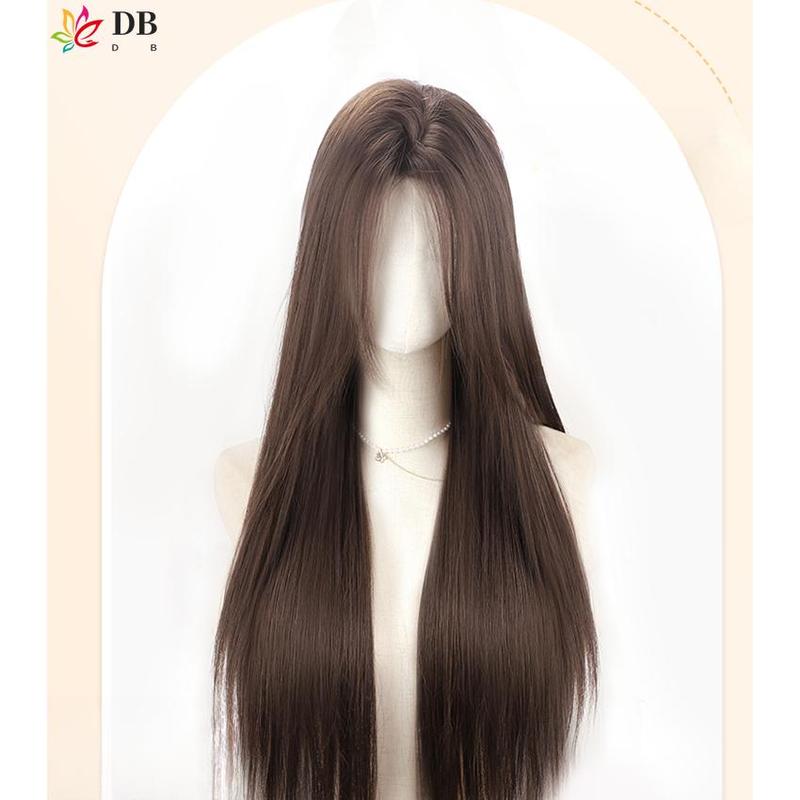 Wig renda dahi untuk wanita dengan rambut lurus panjang gaya rambut kepala penuh belahan tengah alami set wig kepala penuh lurus panjang hitam 3