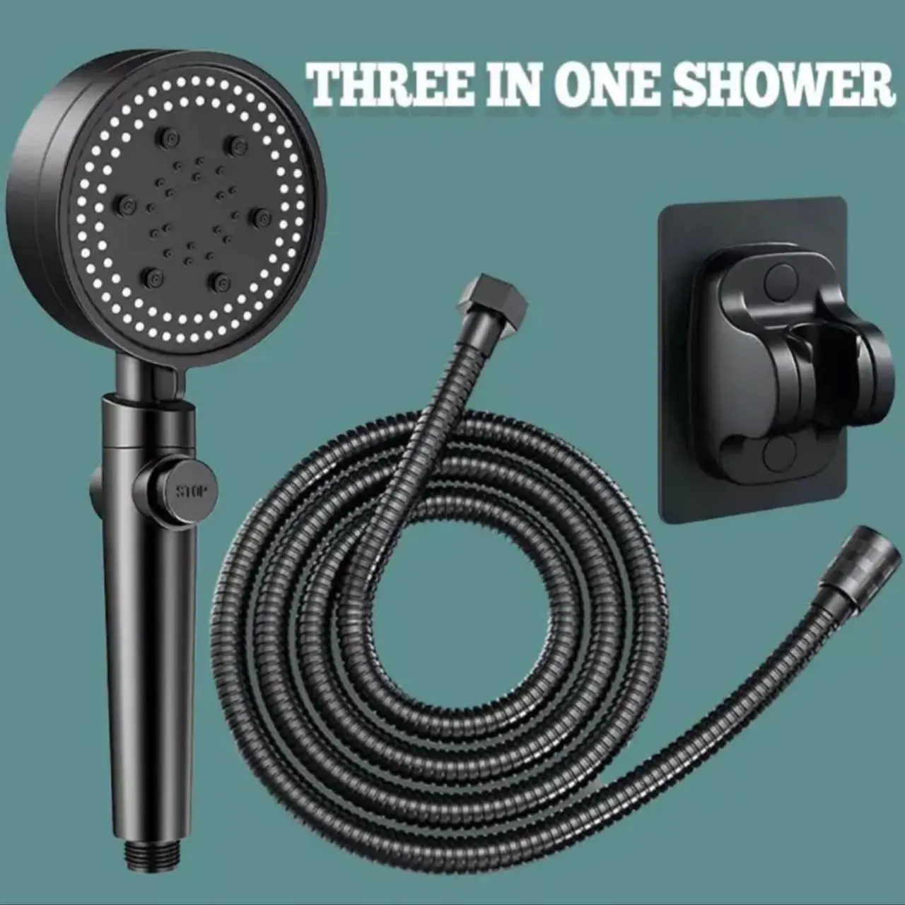 3in1 Universal Shower Head With HoseHolder Set 5 modes Black High PressureBathroom Shower Sprayer