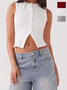 Women's Plain Ribbed Button Front Crop Tank  Vest Top, Casual Sleeveless Top for Summer, Ladies Clothes for Daily Wear