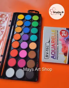 V-Tec Solid Watercolor Aquarelle Set Paint - Cat Air Padat Isi 12 24 36 Warna Terang Vtec 23 mm - Cat Lukis Watercolour Mini Acquerelli Color Colour Colors Set Kuas