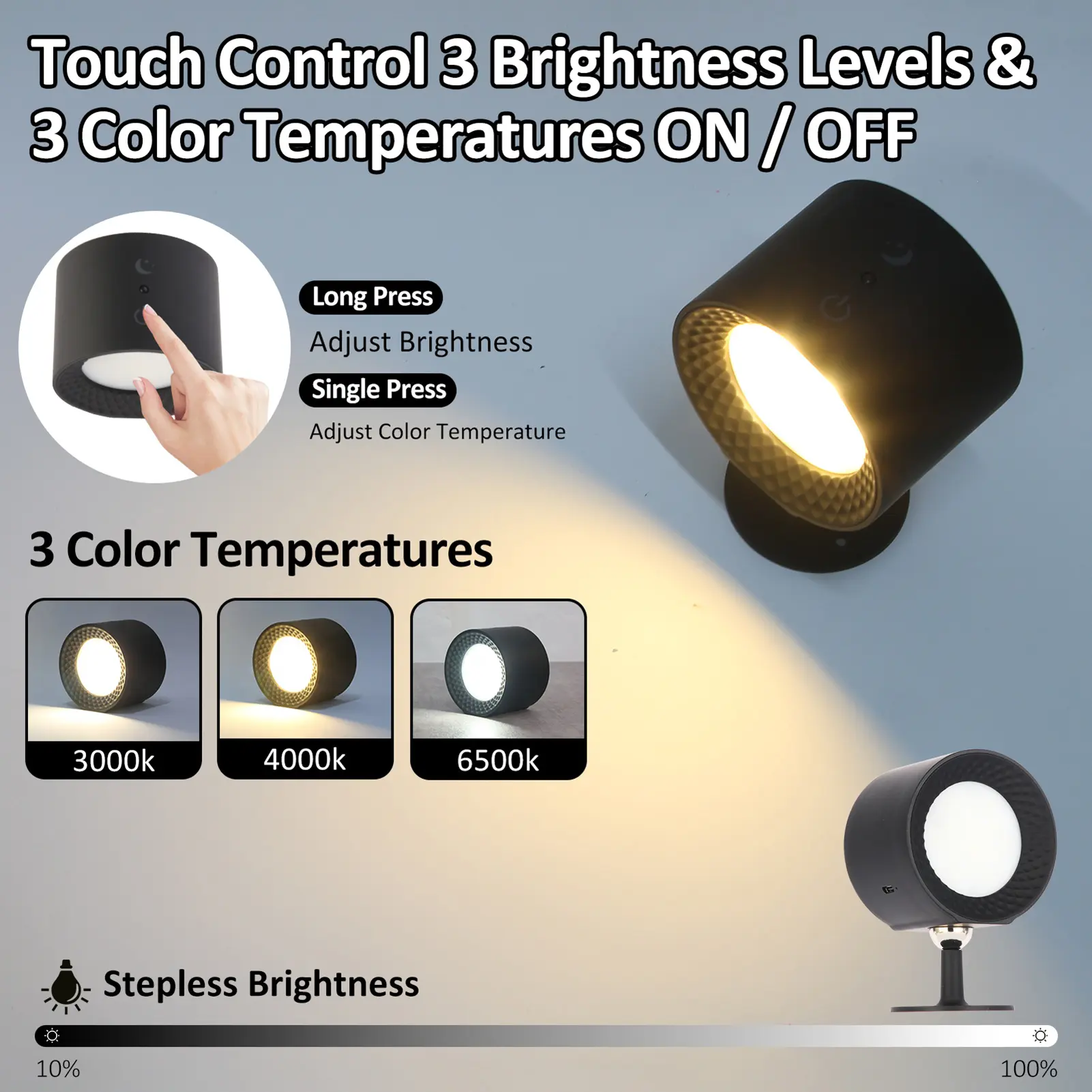 1 Set LED Magnetic Wall Lamp Intelligent 360 Degree Rotation USB Charging 3-Color Temperature Remote Control Long Battery Life Lamp
