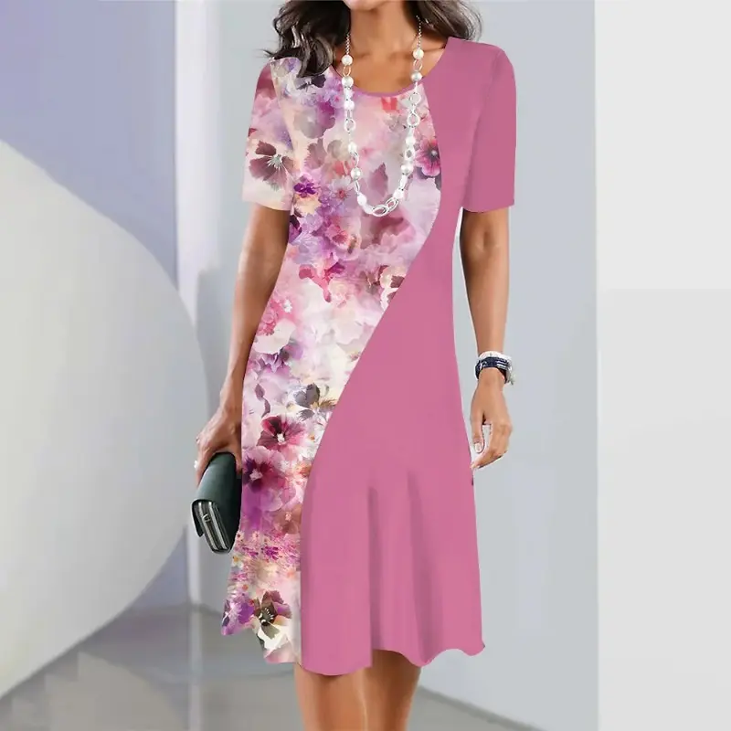 Gaun Wanita, Cetakan Bunga, Gaun Midi Elegan, Lengan Pendek, Fesyen, Pakaian Bersaiz Besar, Sesuai untuk Musim Panas, 2025 Casual Dresses Kain Lembut Retro Sutera Boho