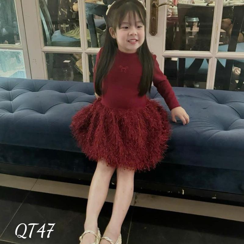 (Shopmesockids) Váy đỏ dài tay nơ thêu váy xoè ren lông vũ cho bé gái