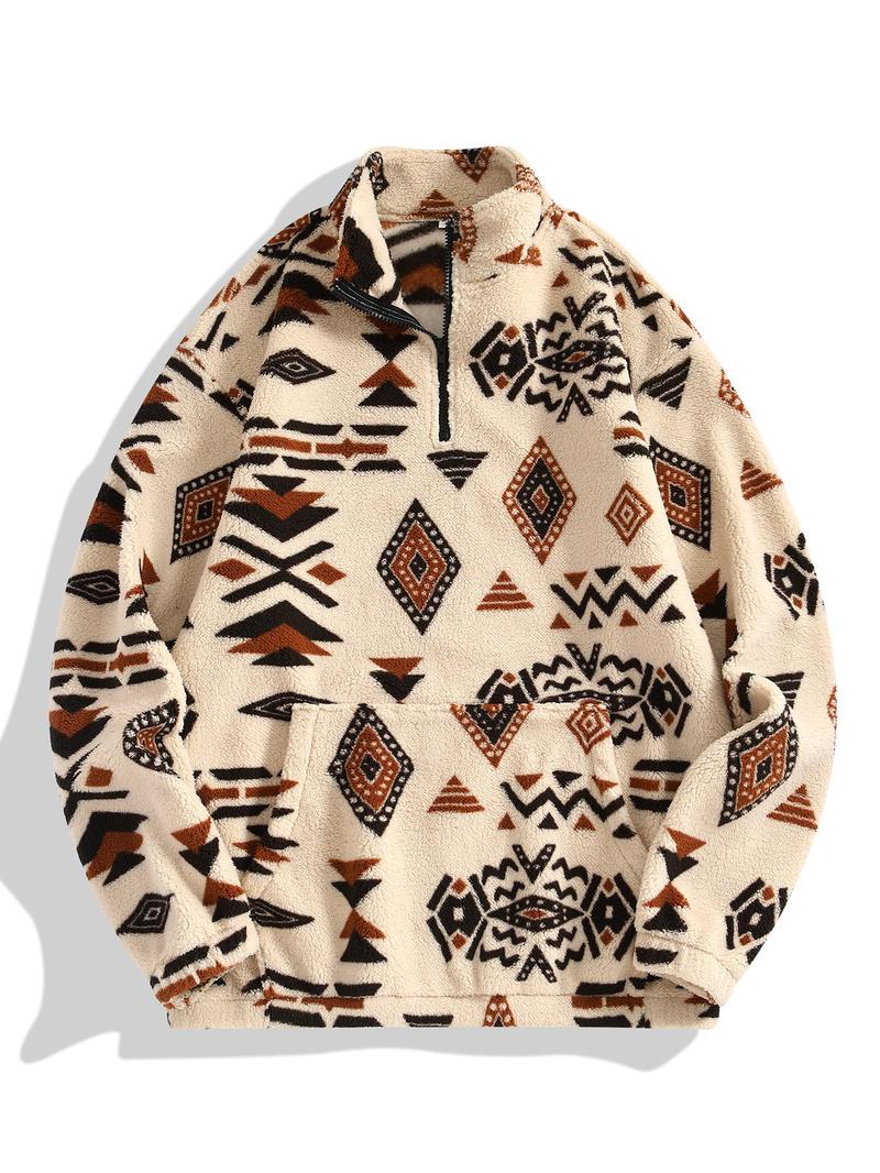 Product Introduction of Women's Geometric Print Fuzzy Drop Shoulder Half Zip Up Sweatshirt, Boho Casual Long Sleeve Pocket Pullover for Fall & Winter, Women's Clothes for Daily Wear 3