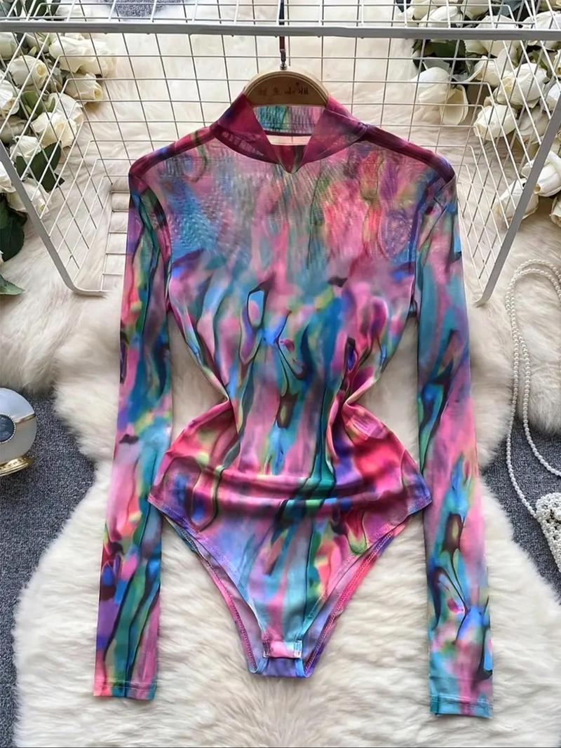 Product Introduction of Women's Tie Dye Print Long Sleeve Bodysuit, Casual High Neck Bodysuit, Ladies Clothes for Spring & Fall 1
