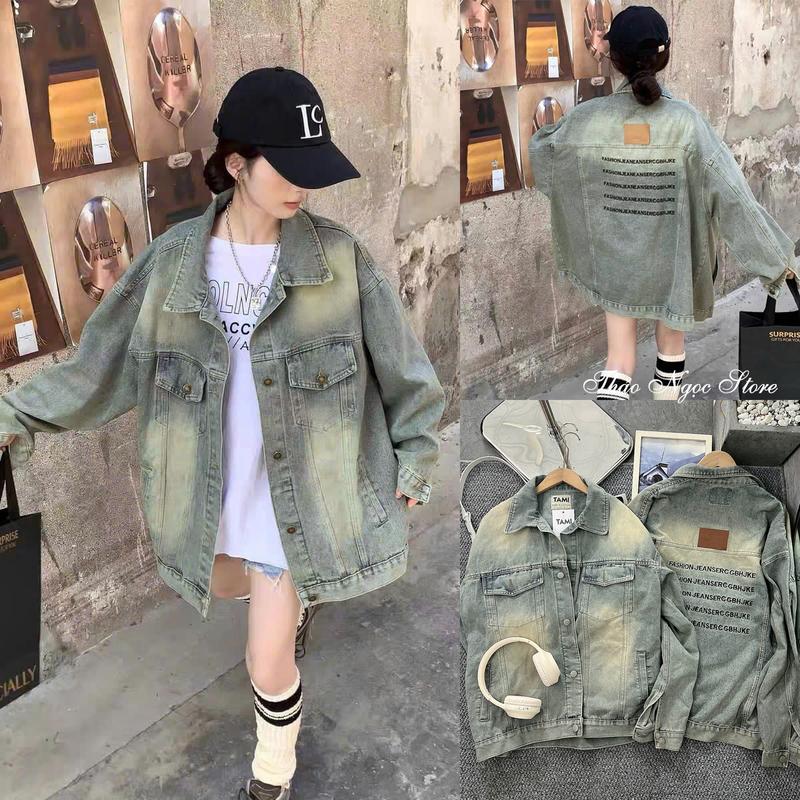 Áo khoác jean nữ lưng thêu chữ tag da tay dài form rộng! THẢO NGỌC STORE Nữ Women Top Bò