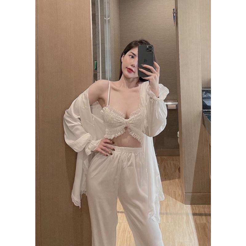  Đồ ngủ set 3 món 2 dây nơ Sexy lụa latin Siêu Mát Áo Nữ Women Kem Top Pants Nhung Baggy 