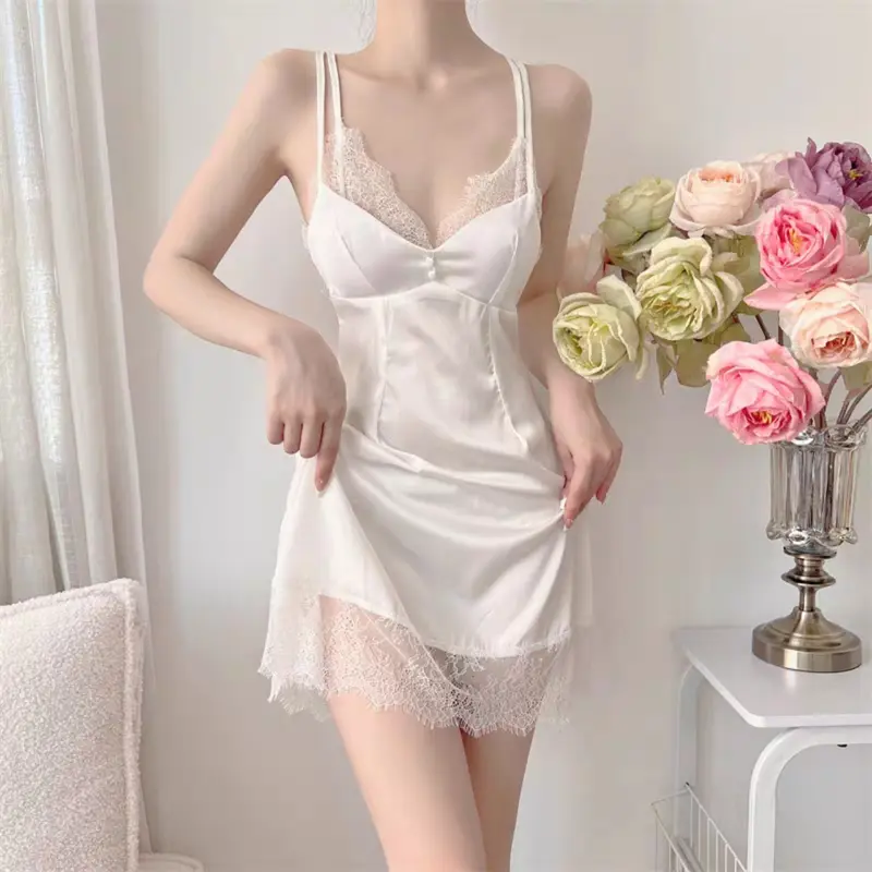 V51 Váy ngủ lụa 2 dây lụa phối ren mềm cao cấp kèm đệm mút 0