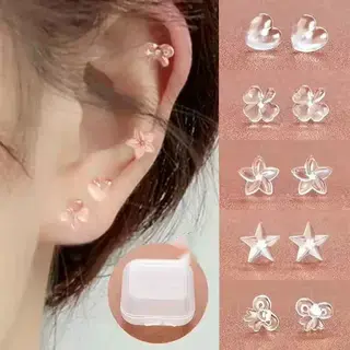 Bông Tai Bằng Nhựa, Với Đinh Tán Ngôi Sao Trong Suốt, Trái Tim, Hoa, Nơ, Dị Ứng, Dễ Đeo