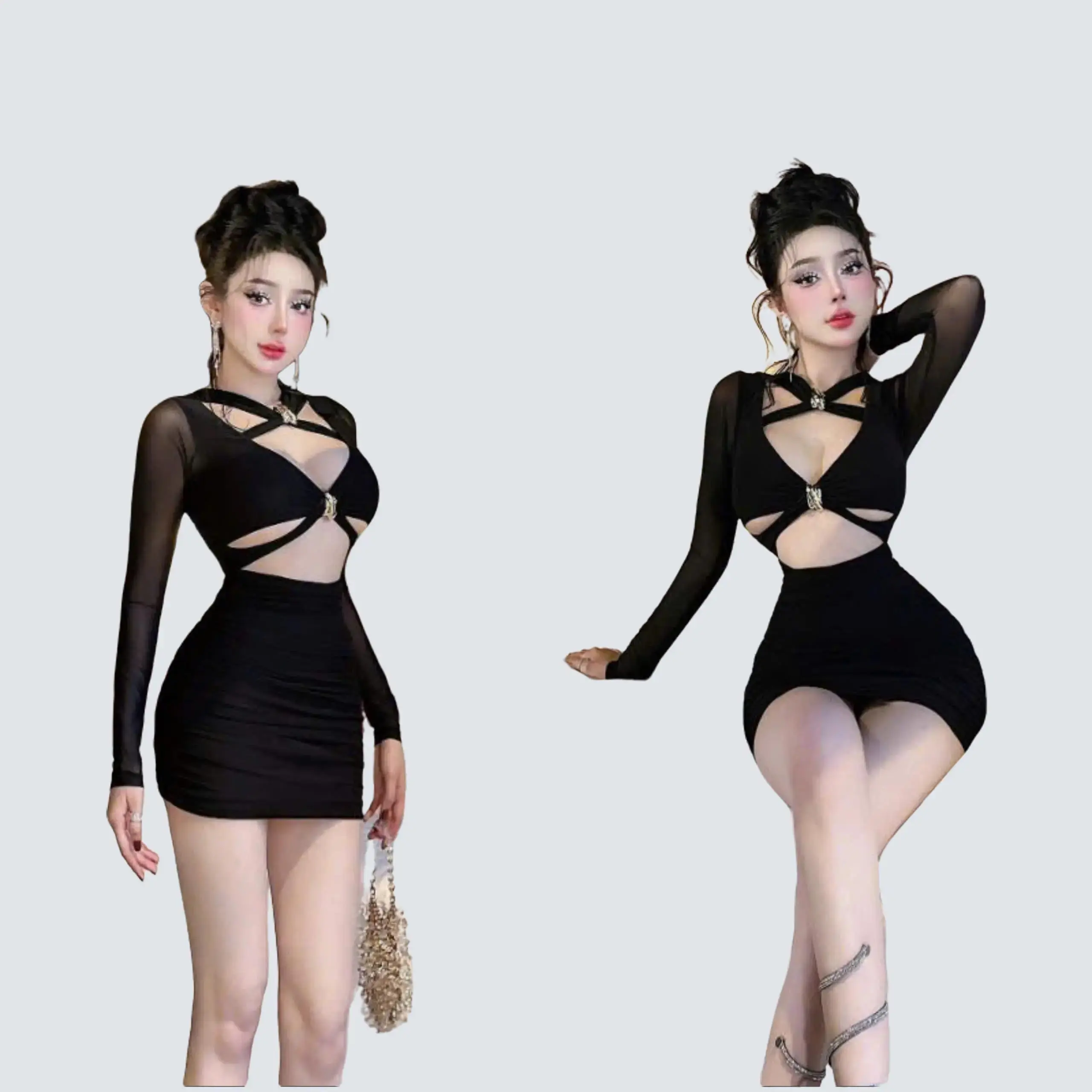 Đầm body tiệc nữ tay dài đính phụ kiện sang chảnh gợi cảm - chất thun cotton cao cấp mềm mịn không xù - Đen - Size XS_XL Women Dress Cotton
