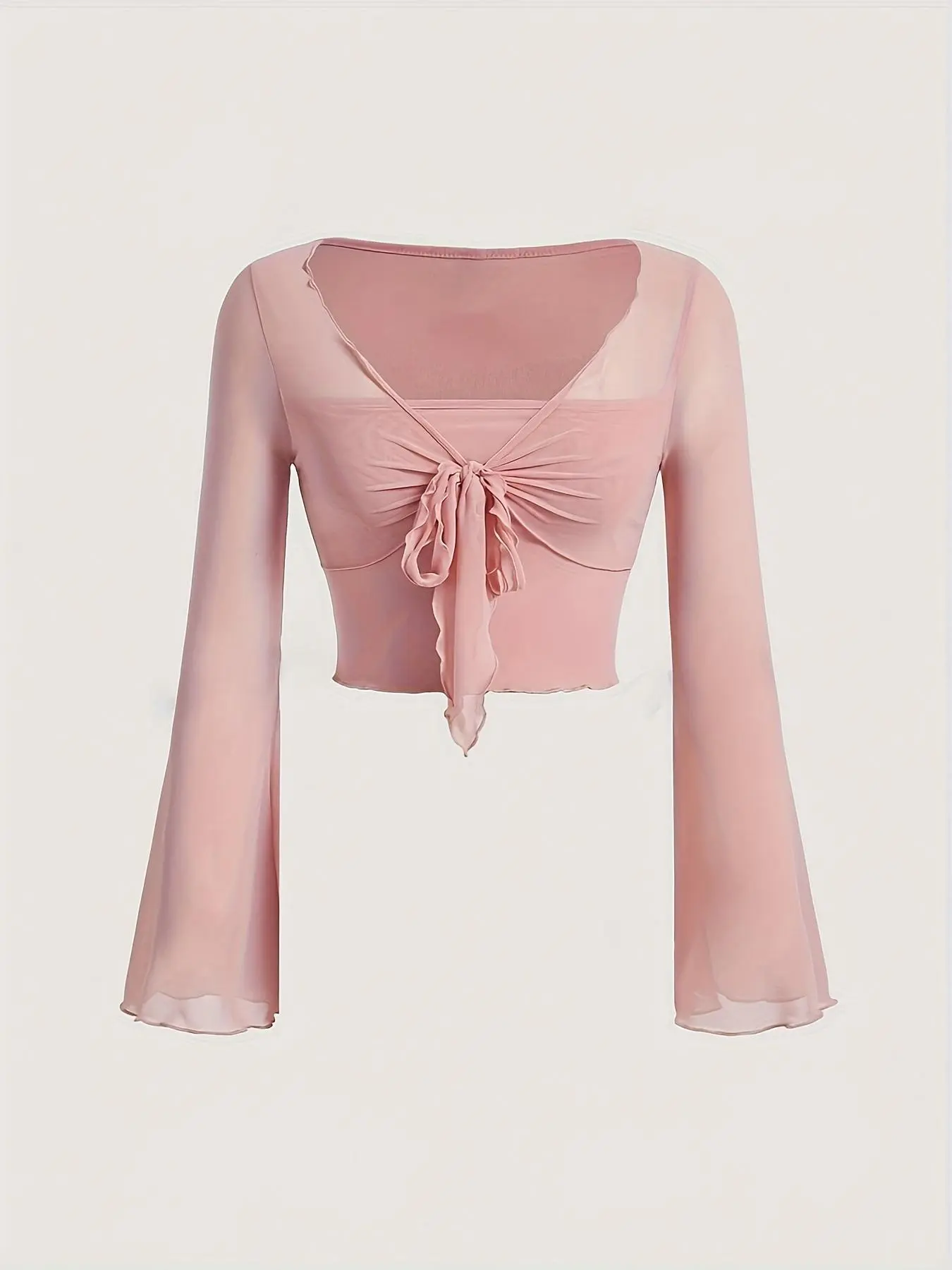 Women's Tie Front   Crop Top, Elegant Flounce  Sleeve Top for Daily Wear, Ladies Clothes for All Seasons