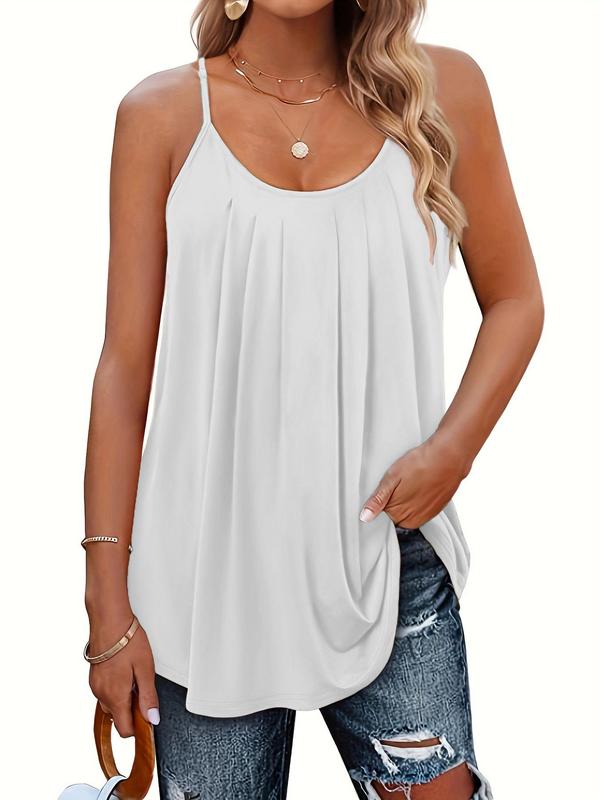 【 Plus Size】 Plain Plicated Scoop Neck Cami Top, Comfort Adjustable Spaghetti Strap Top for Lady, Women's Clothing for Daily Wear, Evening Top on Holiday, Womenswear 6