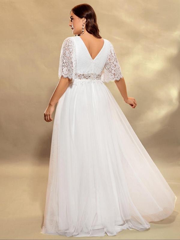 Plus Size Plain Contrast Lace Sequin V Neck Tulle Wedding Dress, Elegant Butterfly Sleeve Maxi Dress for Wedding Party, Women's Summer Clothes 1