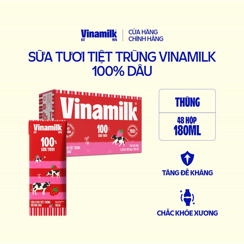 Thùng 48 hộp Sữa tươi tiệt trùng Vinamilk 100% Hương Dâu 180ml