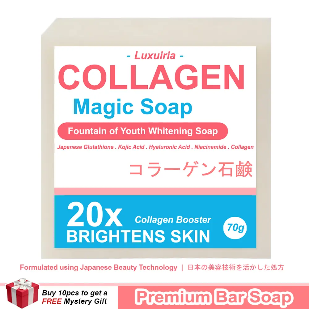 Luxuiria Collagen Magic Soap - Fountain of Youth Whitening Milk Soap with Japanese Glutathione, Kojic Acid, Collagen Booster, Hyaluronic Acid and Niacinamide 70g