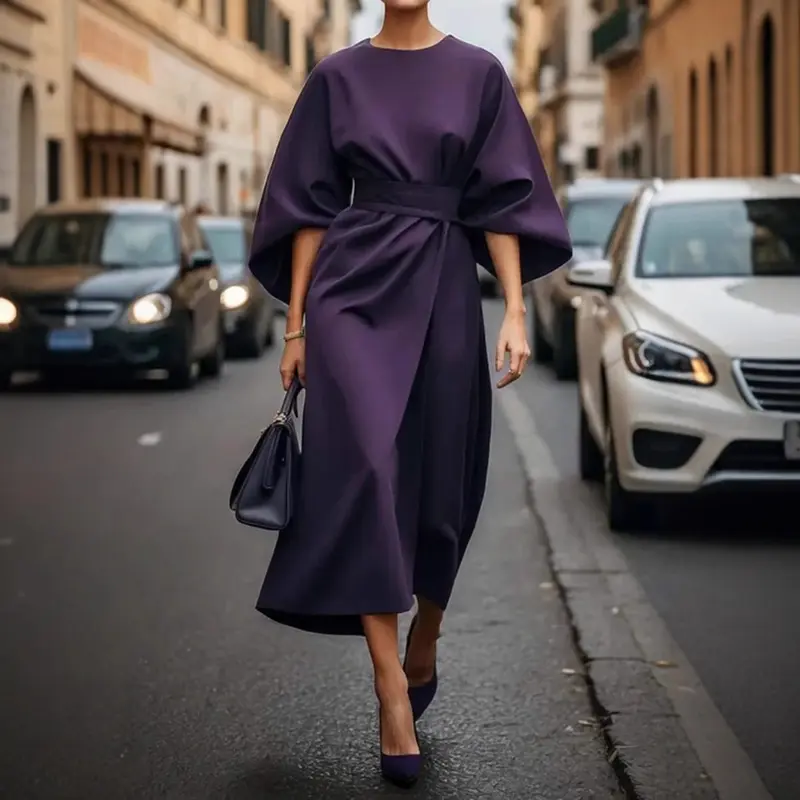 2025 Spring Summer Women's Fashion European and American Cross-border Elegant Solid Color Waist-cinching Dress Casual Batwing Sleeve Long Dress Modesty Formal Green 4