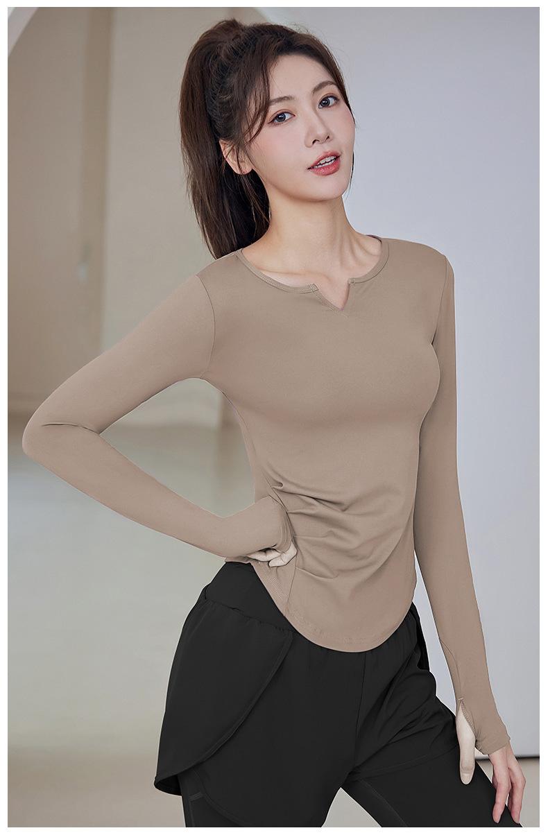 Product Introduction of New Running Sports Fitness Women'S Solid Color V-Neck Hoodie Long Sleeve Yoga Top 10