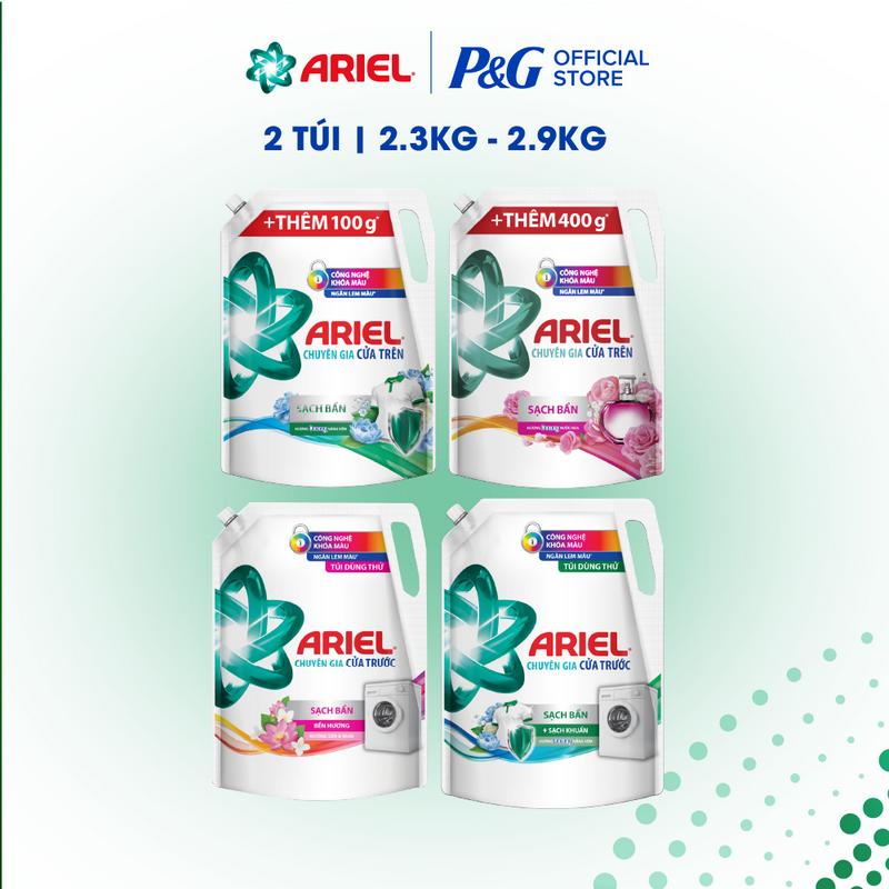 Combo 2 Nước Giặt ARIEL Ngăn Lem Màu Cửa Trên & Cửa Trước Nhiều Mùi Hương - Túi 2.3KG-2.9KG x2