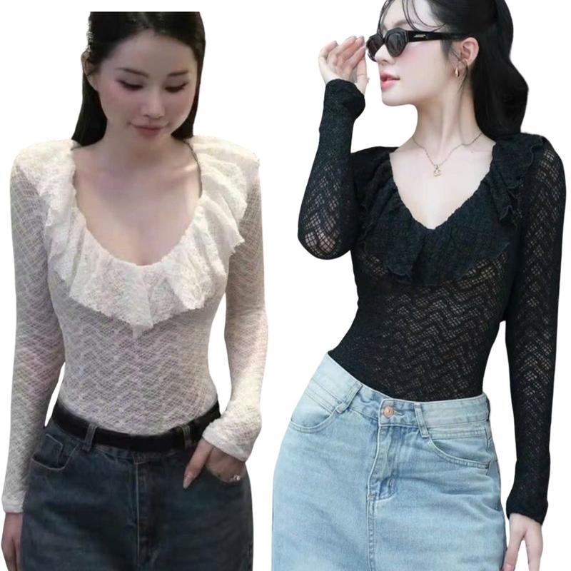 Áo Thun Nữ Bigsize Tay DàiÁo Ren Lưới 2 Lớp ESHOP Áo Phong Nữ Cổ Bèo Dài Tay Đẹp Dễ Thương Ôm Body Xinh MS353 Top Áo Women