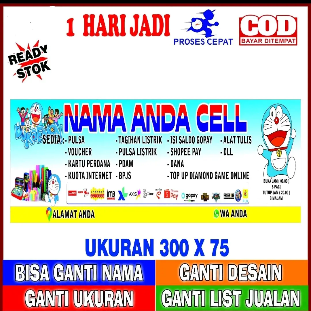 (TERMURAH) SPANDUK BANNER KONTER TERMURAH PAKET HEMAT.   Ukuran 300 X 75, bisa ganti nama, tulisan dll...   Buruan keep :)