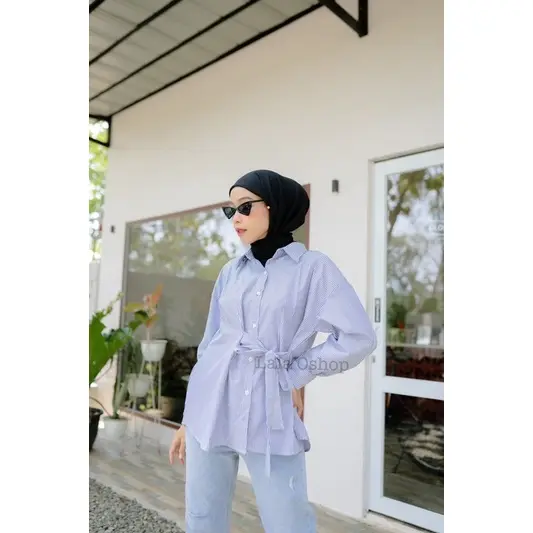 Alika Bow Shirt ( ikat samping )  Kemeja  Biru  Putih  Stripe  Kancing  Atasan  Wanita 5