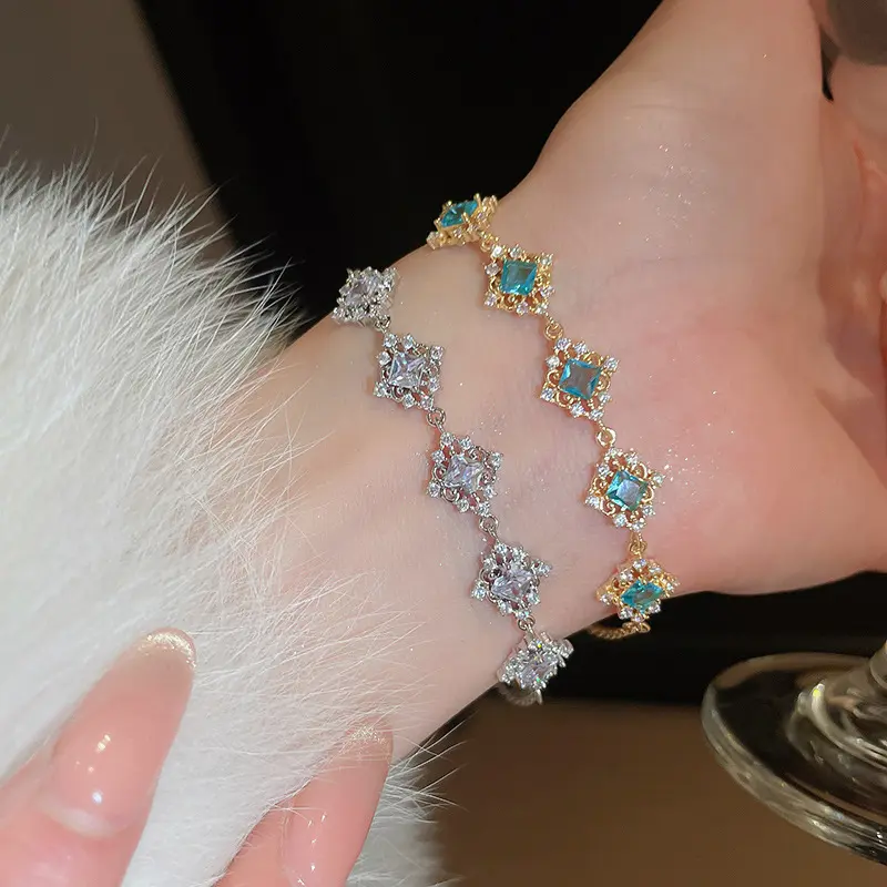 Vòng Tay Zircon Xanh Hình Vuông Họa Tiết Phong Cách Cung Điện, Dây Đeo Cổ Tay Độc Đáo Thời Trang, Đồ Trang Sức Đi Lại, Cảm Giác Sang Trọng Và Tinh Tế