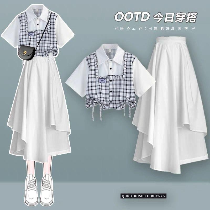 Product Introduction of Bộ Đồ Áo Sơ Mi, Phong Cách Preppy, Thiết Kế Trẻ Trung Và Ngọt Ngào Váy Bất Đối Xứng Bộ Đồ Hai Mảnh, Dành Cho Nữ, Bộ Đồ Mùa Hè Mới 2024 2