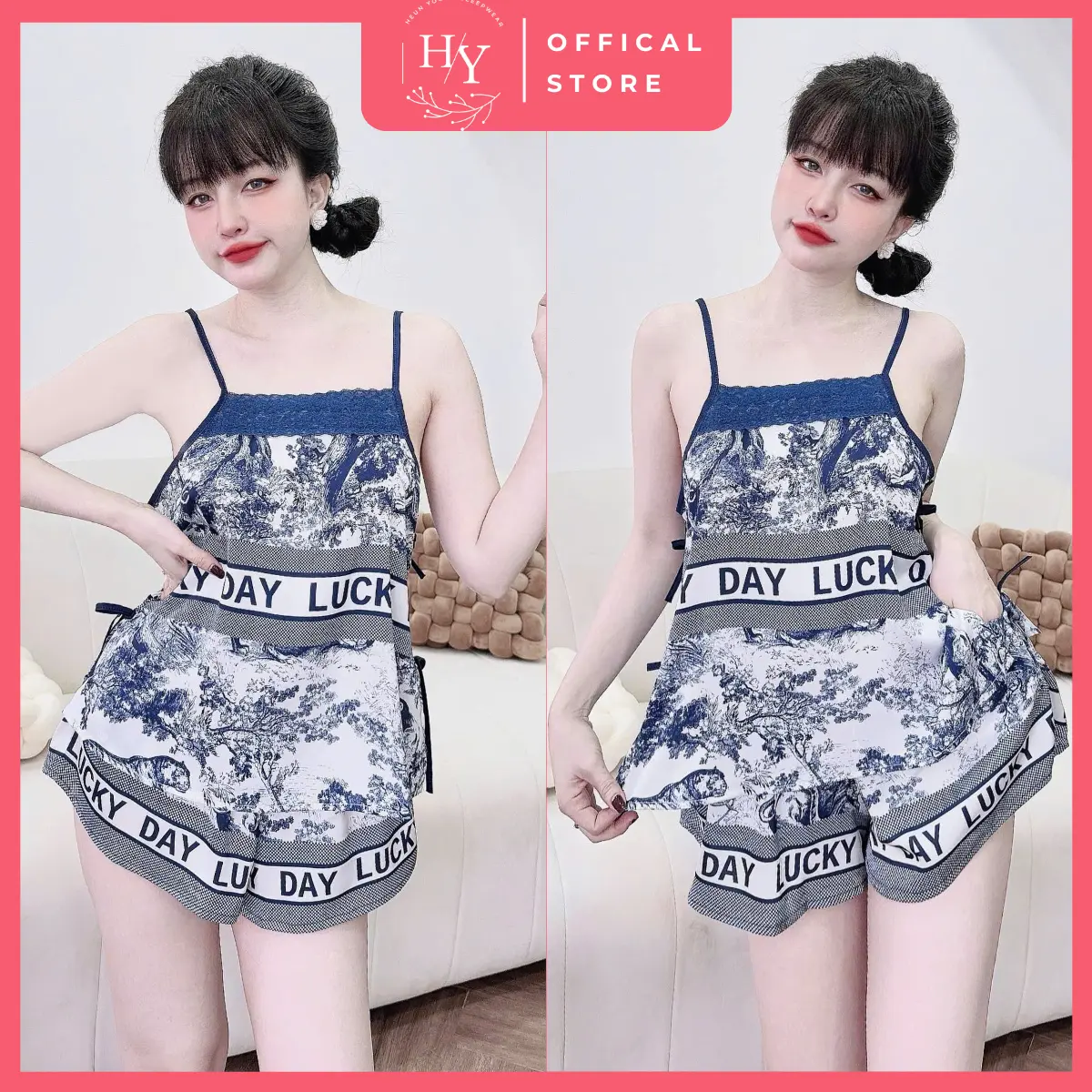 Đồ Ngủ Nữ HEUN YOUNG Set Đồ Bộ Nữ, Bộ Mặc Nhà 2 Dây Lụa Latin Cột Eo In Họa Tiết 5D Freesize <60kg Women Áo