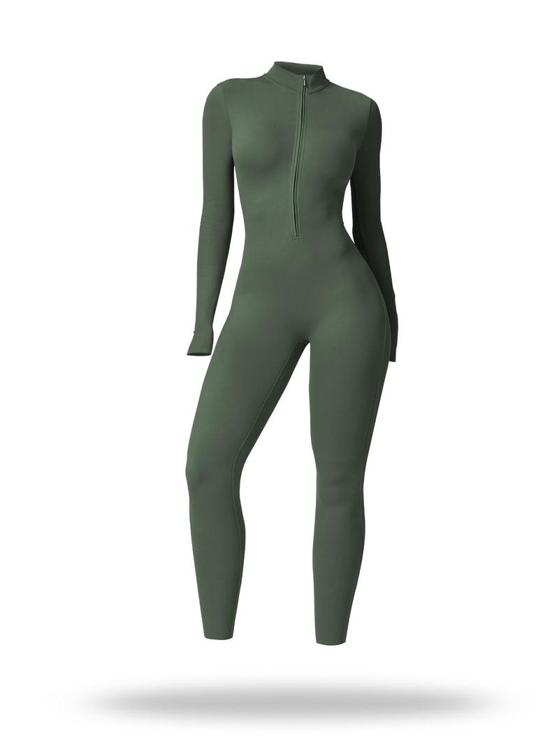 Product Introduction of Sporty Women's Solid Color Half Zip Mock Neck Sports Jumpsuit,  Tummy Control Jumpsuit,  Casual Comfy Breathable Long Sleeve Skinny Jumpsuit for Yoga Gym Workout, Ladies Sportswear for All Seasons 12