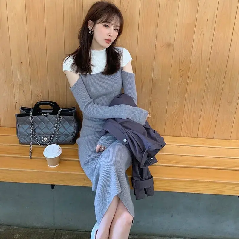 Women's autumn new trendy stitching retro knitwear long sleeve off-shoulder mid-length base sweater dress WOMEN'S Minimalist Basic Summer Lingerie Womenswear Casual
