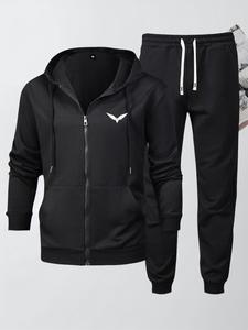 Two-piece Set Men's Wing Print Zip Up Hoodie & Pants Co-ord Set, Regular Fit Pocket Long Sleeve Hoodie & Drawstring Sweatpants, Winter Outfits, Men's Two-piece Set Mens Paris Tracksuit