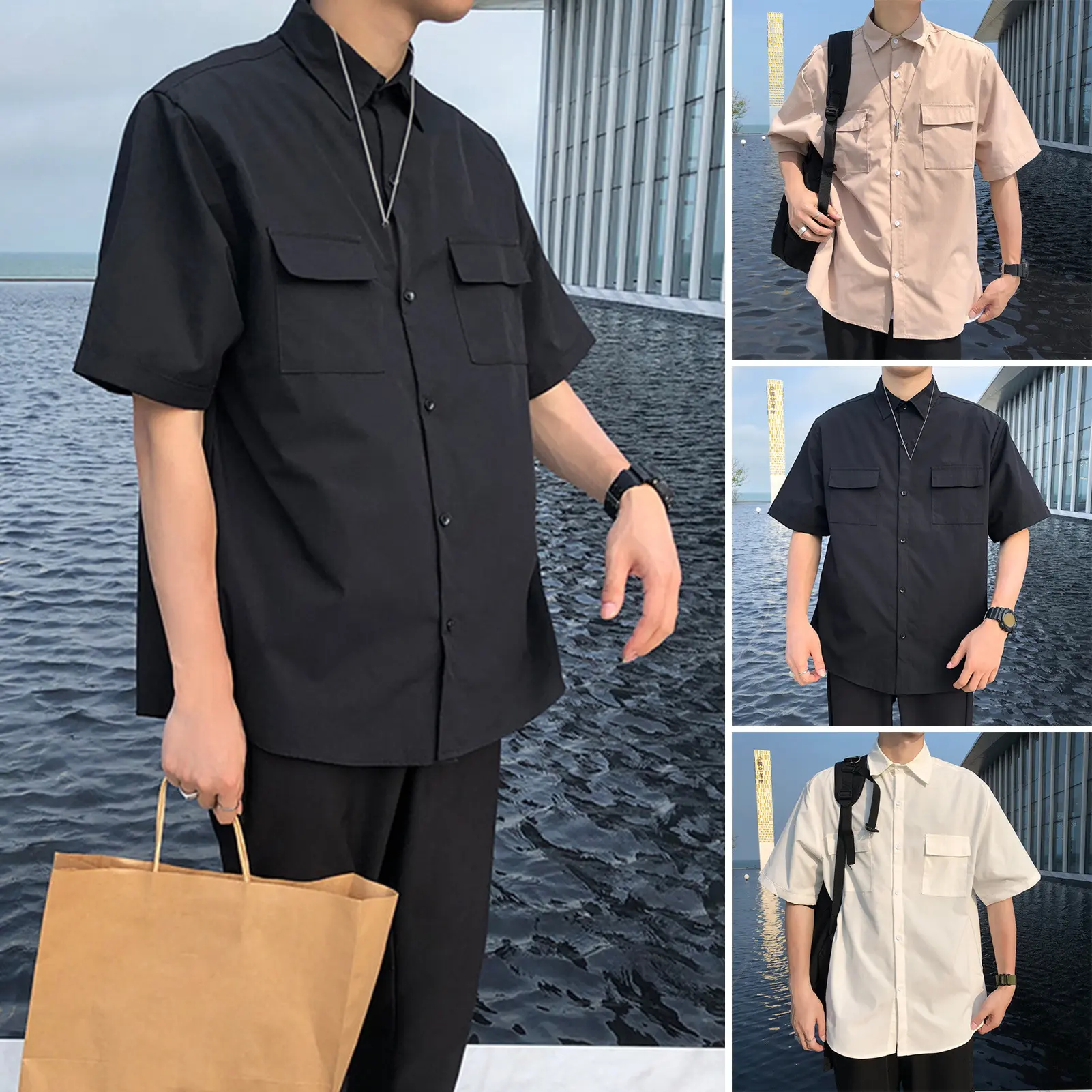 [HN]Summer Spring Men Cargo Shirt Turn-down Collar Single-breasted Loose Solid Color Short Sleeves Street Workwear Commute Office Top