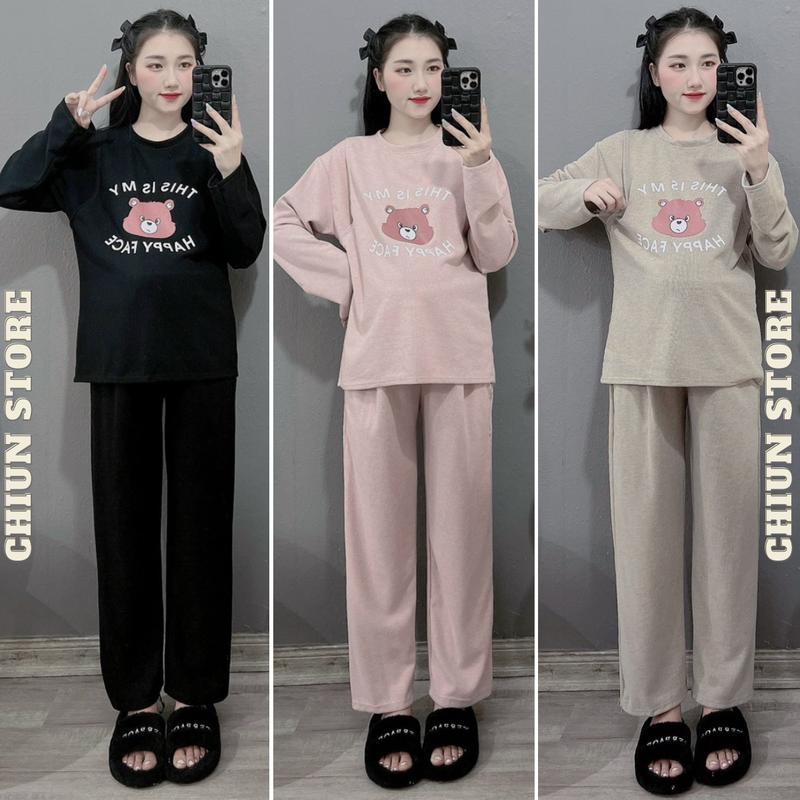 Bộ Đồ Bầu Thu Đông Bộ Bầu Mặc Nhà Hình Gấu Dài Tay Xinh Chất Liệu Len Tăm Dày Dặn Mềm B4 Chiun Store Đen Áo Dưới gối Nút