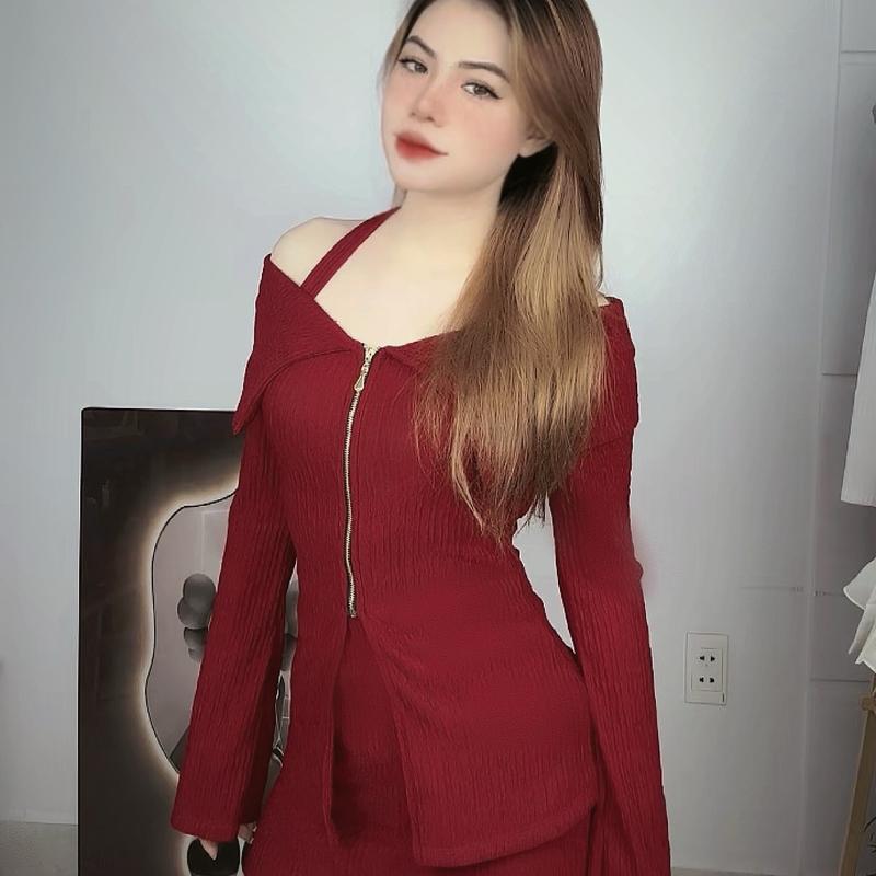 (XẢ KHO) SET THUN XỐP ÁNH KIM CHÂN VÁY + ÁO KHOÁ KÉO TAY DÀI _ KHÁNH VY STORE  (41009)