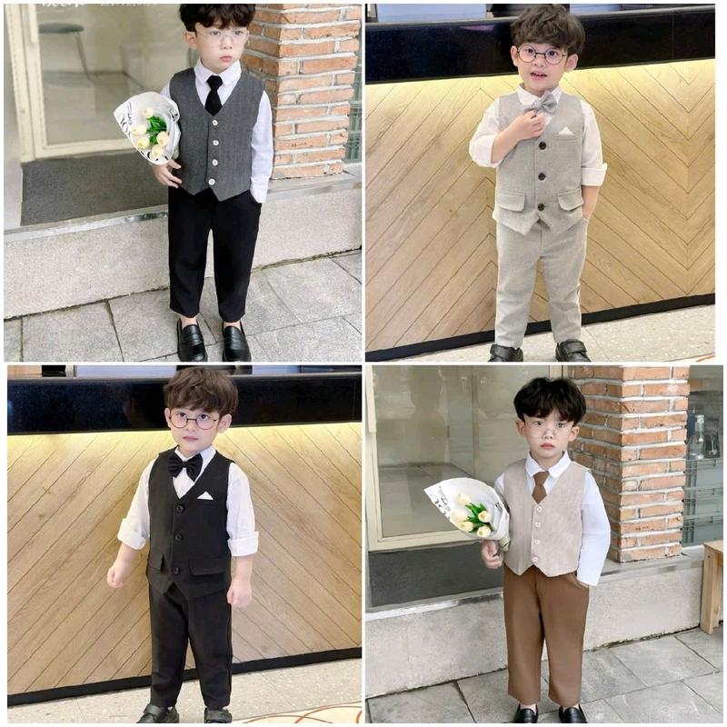 sét công tử  ba chi tiết áo sơ mi chất vải  thô hai màu đen, nghi có nơ đính kèm trực tiếp và quần sz  8 -26kg cho bé trai