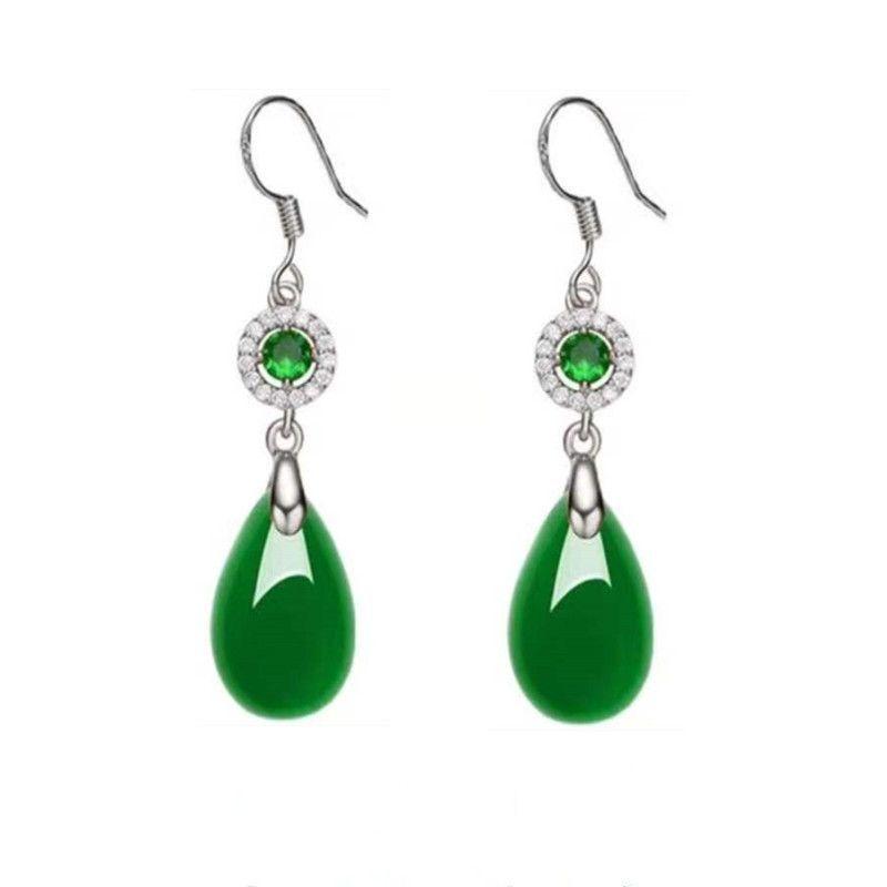 Product Introduction of [3601 Positive Reviews] New High-end Earrings Jade Drop Earrings Emerald Agate Chalcedony S925 Elegant Silver-plated Water Drop Earrings Hot Sale 0