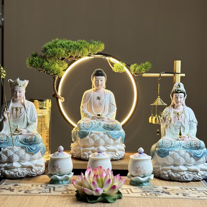 Tượng Tam Thánh Thích Ca Địa Tạng Quan Âm sơn Xanh - Trắng M1 cao 30cm - Tuệ Nga