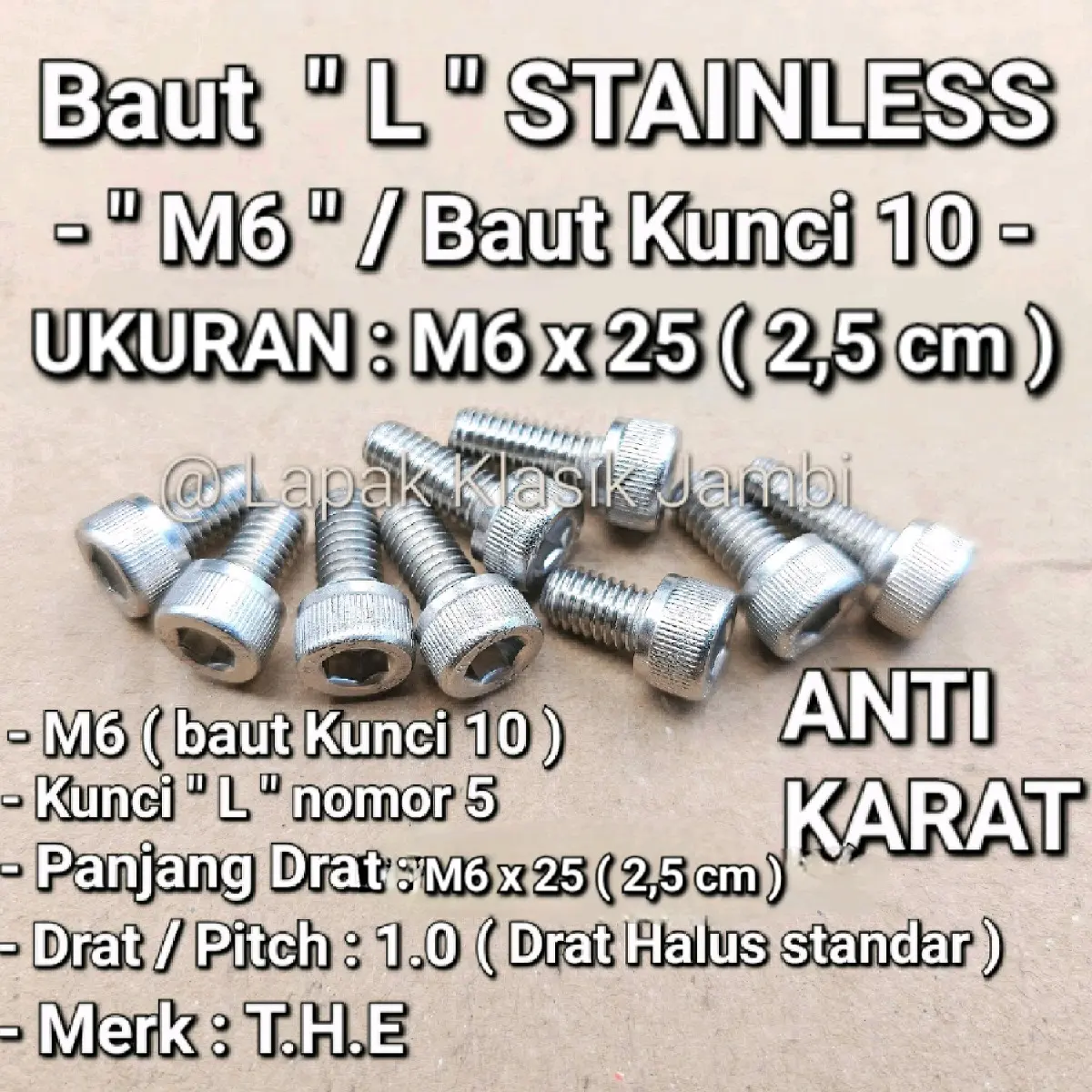 Baut L Stainless M6 x 25 ( 2,5 cm ) Baut Kunci 10 Stainless 304 THE A2-70