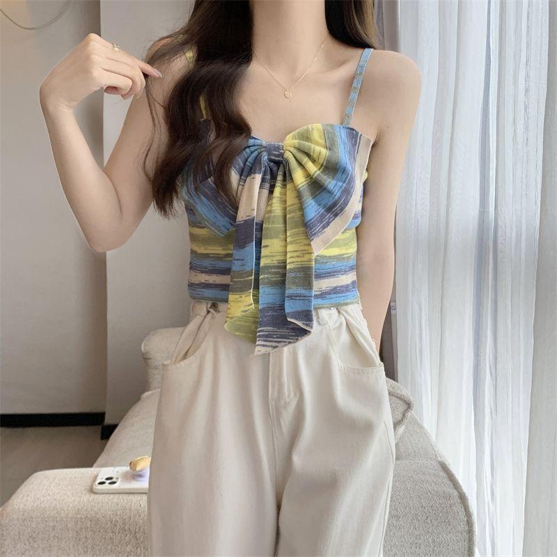 Product Introduction of Sweet and Spicy Style Striped Small Sling Vest Women's Summer Inner Wear Outer Wear Design Sense Niche Bow Sleeveless Short Top turtleneck  tank Lingerie Plaid Spaghetti Strap tank  top camisole  tops baby  tee 22