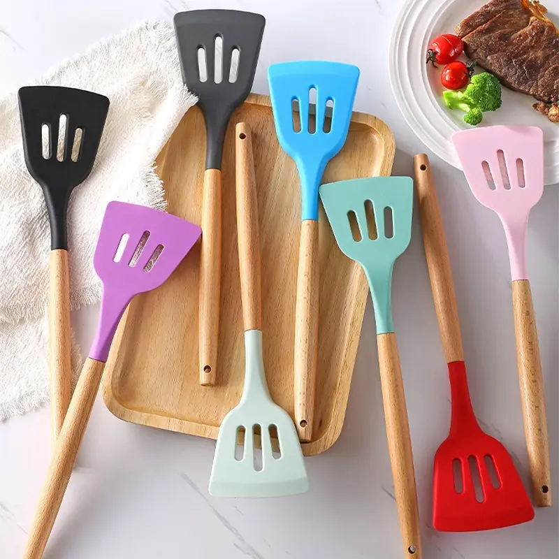 (BISA COD) Gagang kayu bolong - Sutil sodet spatula silikon silicone gagang kayu murah Penggorengan
