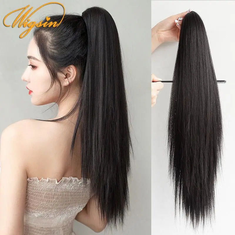 Synthetic 50cm Long Straight Ponytail Claw Clip in Hair Extension Smooth Natural Wig for Women