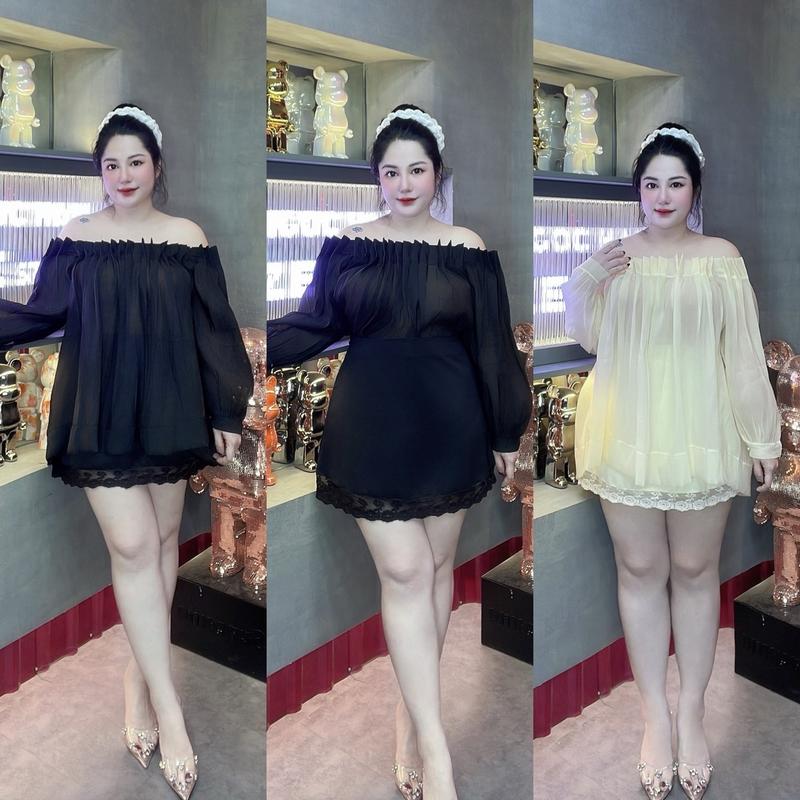 60-90kg  Set Áo Babydoll TRễ Vai Thêu Mix Chân Váy A VIỀN REN Có Lót Quần Siêu Xinh Hàng HOT TREND 2024 BIGSIZE VƯƠNG NGỌC HÂN Nữ Top Kem Women Đen