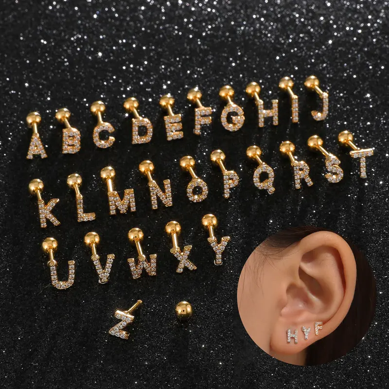 Bông Tai Đinh Tán Xương Tai, Dát Zircon 26 Chữ Cái Tiếng Anh Phong Cách Cổ Điển Cá Tính, Đinh Tán Sợi Chữ Hợp Kim, Xỏ Lỗ Tai Women Khuyên Tai Women Khuyên Tai Hoa Tai Titan 0
