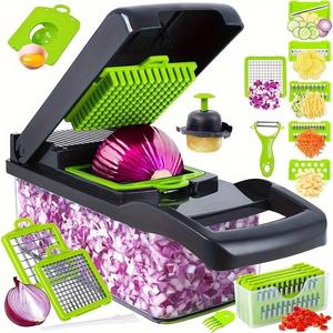 14 in 1 Vegetable Chopper, 1 Set Multifunctional Vegetable Cutter with Container & Replacement Blades, Kitchen Gadgets for Home Use
