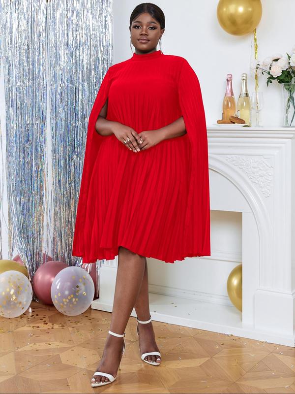 Plus Size Solid Color Cloak Sleeve Pleated Dress, Plus Elegant Keyhole Neckline Knee Length Dress for Party Holiday Wedding Guest, Women's Plus Clothes for All Seasons 3