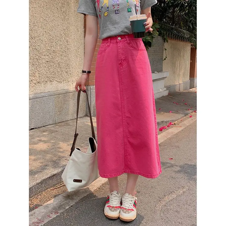 Chân Váy Denim Cạp Cao Màu Hồng, Dành Cho Nữ, Hàng Mới Về Mùa Hè 2023, Phong Cách Hàn Quốc, Dáng Rộng Rãi Và Mỏng, Chữ A, Dài Trung Bình, Chân Váy Thẳng Dễ Phối Đồ Women Voi